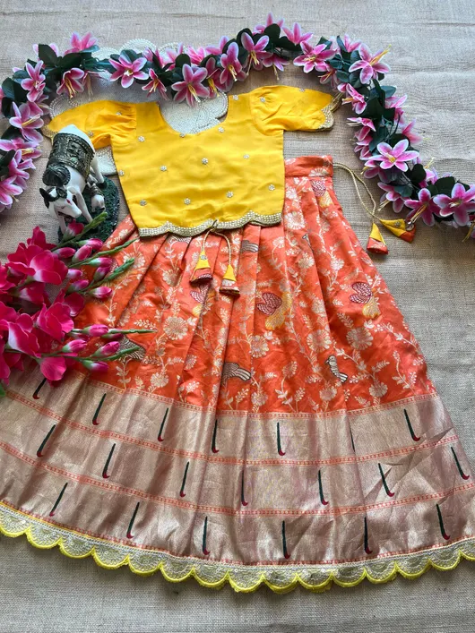 Premium Banarasi Dola Silk with elegant Zari Weaving Kids Lehengas